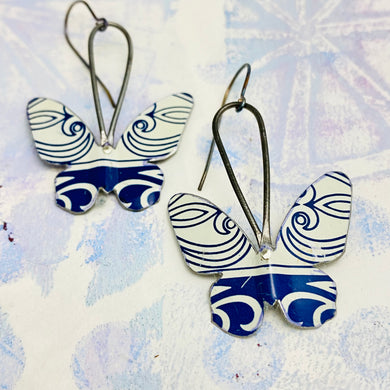 Navy and Cream Small Butterflies Upcycled Tin Earrings