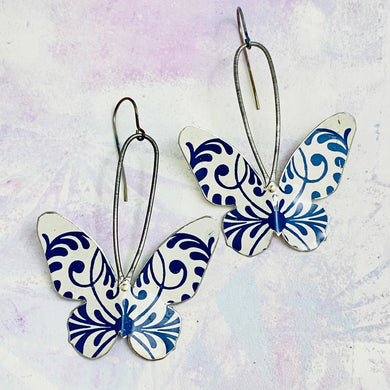 Navy & White Butterflies Upcycled Tin Earrings