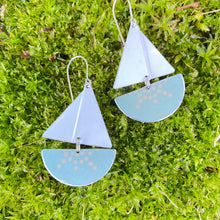Load image into Gallery viewer, Dusty Aqua Dotty Upcycled Tin Sailboat Earrings