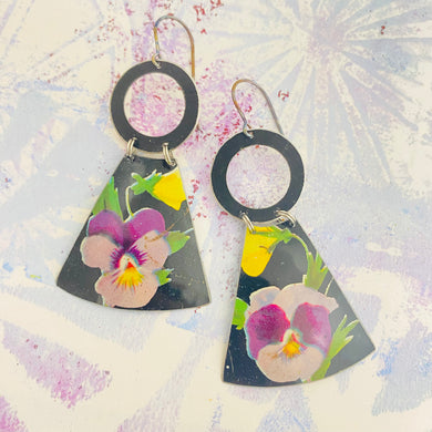 Purple Pansies on Midnight Small Fans Tin Earrings