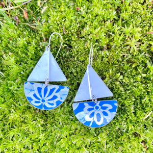 Watercolor Blue Flowers Upcycled Tin Sailboat Earrings