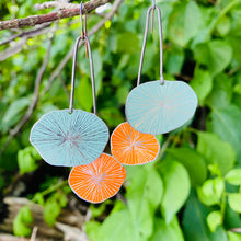 Load image into Gallery viewer, Aqua &amp; Persimmon Cosmos Upcycled Tin Earrings