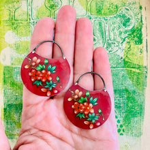 Load image into Gallery viewer, Blossoms On Deep Carmine Circles Upcycled Tin Earrings