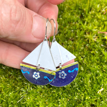 Load image into Gallery viewer, Silver Flower on Blue Upcycled Tin Sailboat Earrings