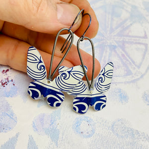 Navy and Cream Small Butterflies Upcycled Tin Earrings