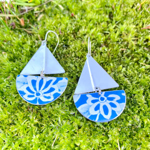 Watercolor Blue Flowers Upcycled Tin Sailboat Earrings