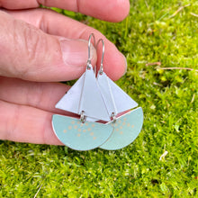 Load image into Gallery viewer, Dusty Aqua Dotty Upcycled Tin Sailboat Earrings