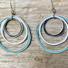 Load image into Gallery viewer, Midnight, Snow &amp; Slate Blue Layered Circles Upcycled Tin Earrings