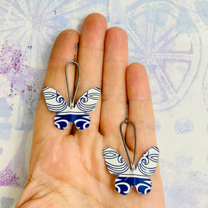 Navy and Cream Small Butterflies Upcycled Tin Earrings