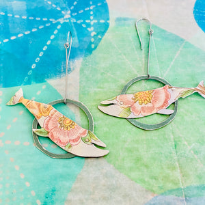 Pink Flowers Humpback Upcycled Tin Earrings