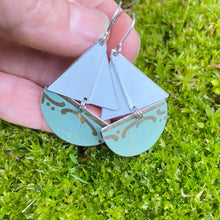 Load image into Gallery viewer, Dusty Aqua Upcycled Tin Sailboat Earrings