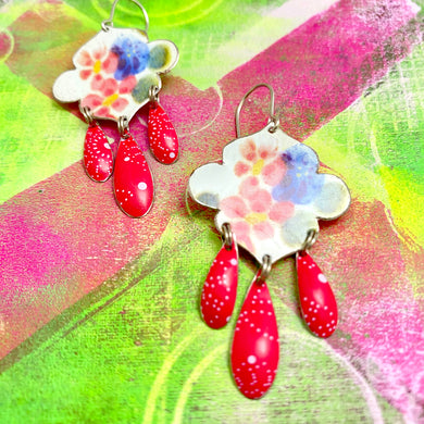 Pink Flowers Tin Chandelier Earrings
