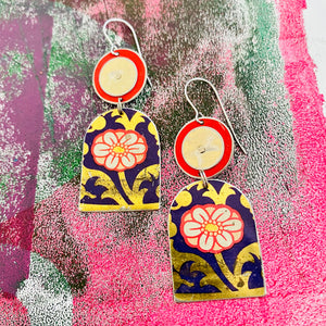 White Blossoms on Navy Wide Arch Upcycled Tin Earrings