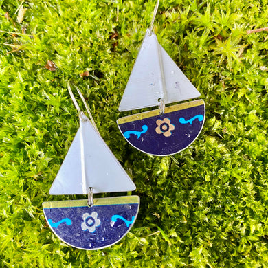 Silver Flower on Blue Upcycled Tin Sailboat Earrings