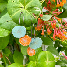 Load image into Gallery viewer, Aqua &amp; Persimmon Cosmos Upcycled Tin Earrings