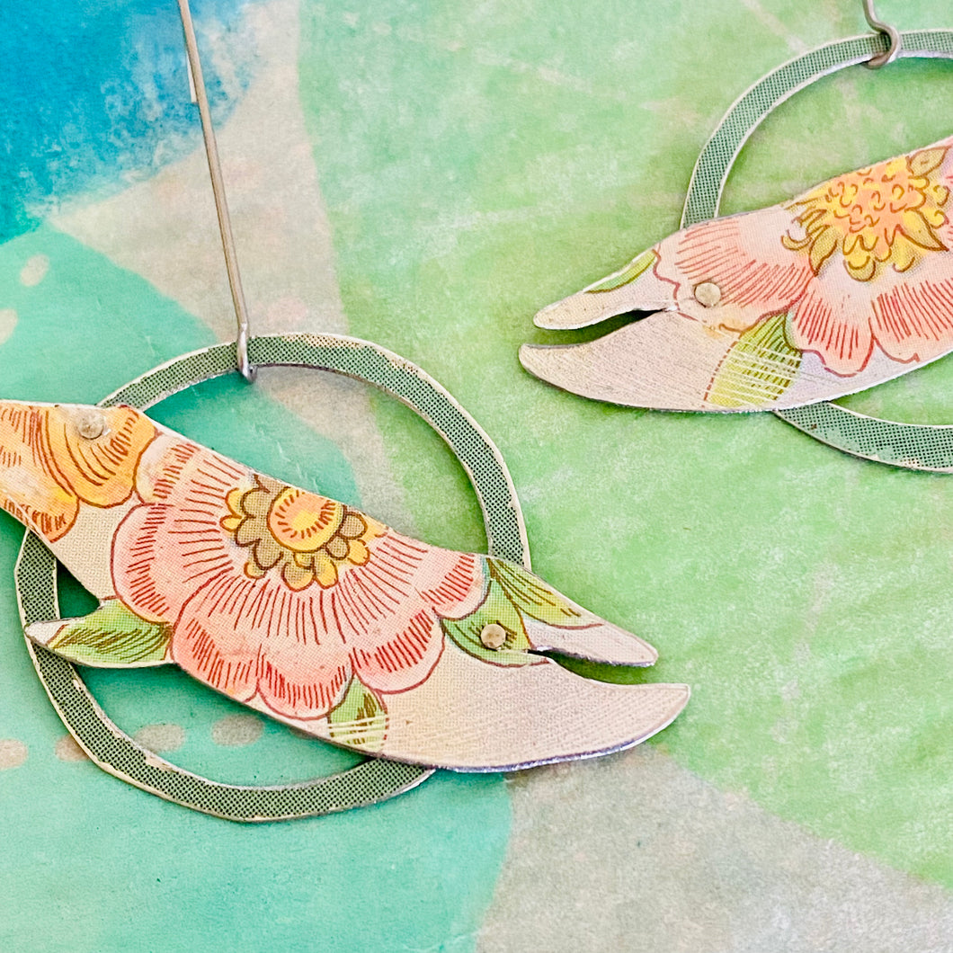 Pink Flowers Humpback Upcycled Tin Earrings