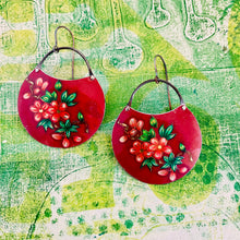 Load image into Gallery viewer, Blossoms On Deep Carmine Circles Upcycled Tin Earrings