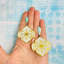 Load image into Gallery viewer, Golden Swirled Ogee with Aqua Pop Upcycled Tin Earrings