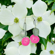 Load image into Gallery viewer, Bright Pink &amp; Blue Clay Cosmos Upcycled Tin Earrings