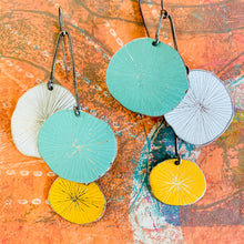 Load image into Gallery viewer, Aqua, White &amp; Goldenrod Cosmos Upcycled Tin Earrings