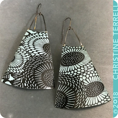 Pale Aqua & Chocolate Sunflowers Upcycled Long Fan Tin Earrings