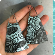 Load image into Gallery viewer, Pale Aqua &amp; Chocolate Sunflowers Upcycled Long Fan Tin Earrings