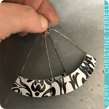 Load image into Gallery viewer, Black &amp; White Arcs Upcycled Tin Earrings by Christine Terrell for adaptive reuse jewelry
