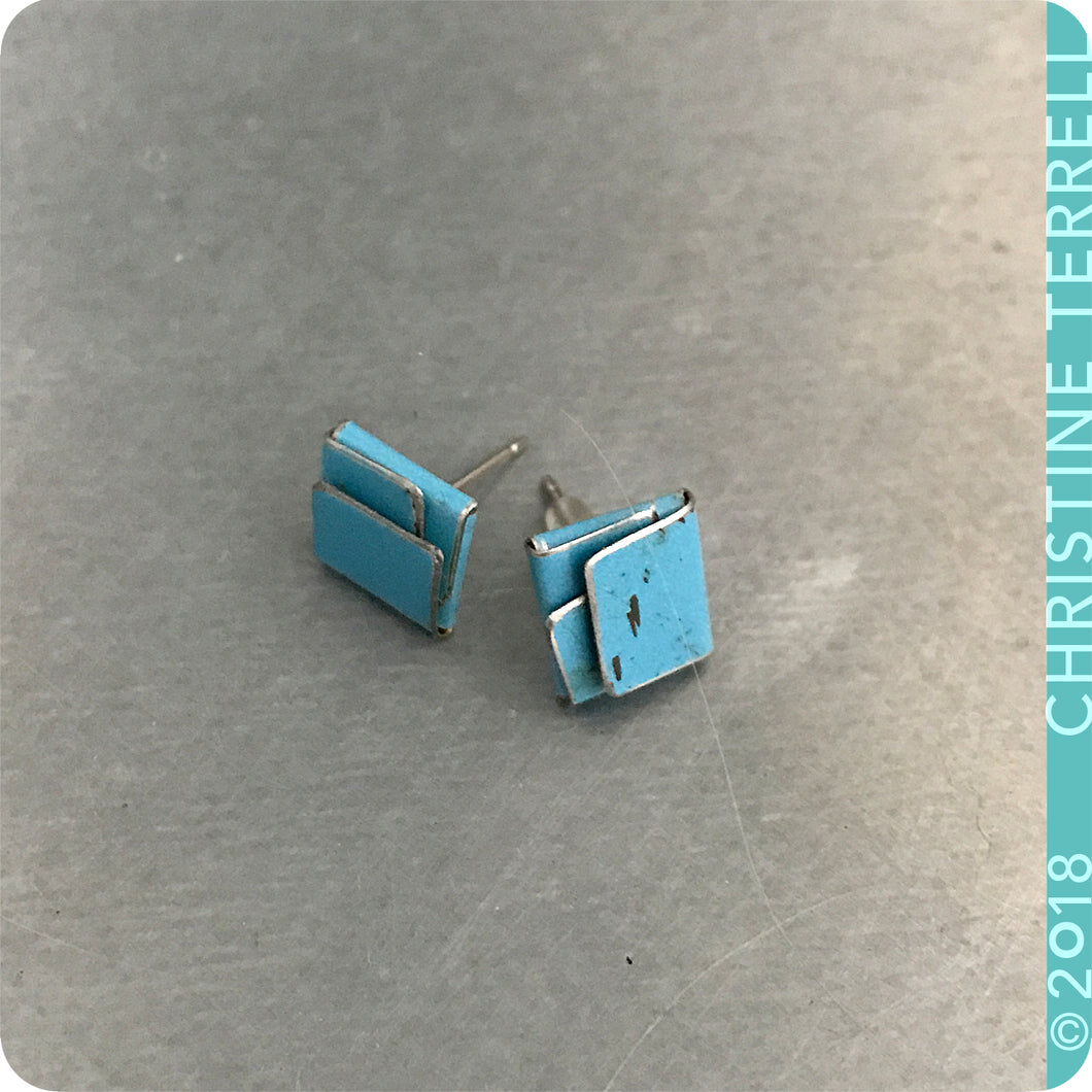 True Blue Folded Square Upcycled Tin Post Earrings