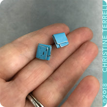 Load image into Gallery viewer, True Blue Folded Square Upcycled Tin Post Earrings