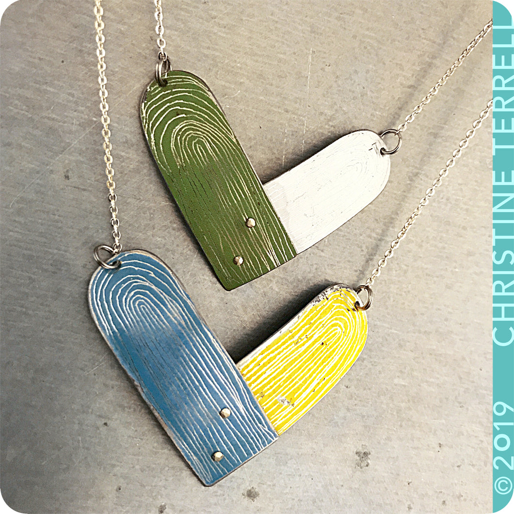 Etched Heart Upcycled Tin Necklace by Christine Terrell for adaptive reuse jewelry