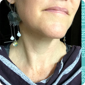 Gray Rain Clouds 2 Drops Upcycled Tin Earrings