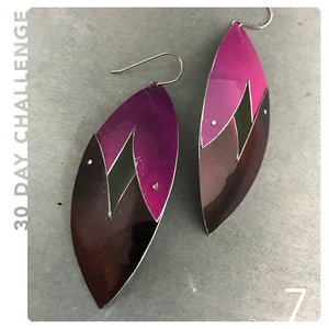 Pink and Maroon Upcycled Tin Earring by Christine Terrell for adaptive reuse jewelry
