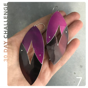 Pink and Maroon Upcycled Tin Earring by Christine Terrell for adaptive reuse jewelry