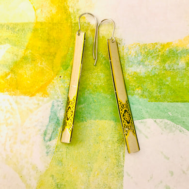 Cream and Golden Filigree Long Narrow Tin Earrings