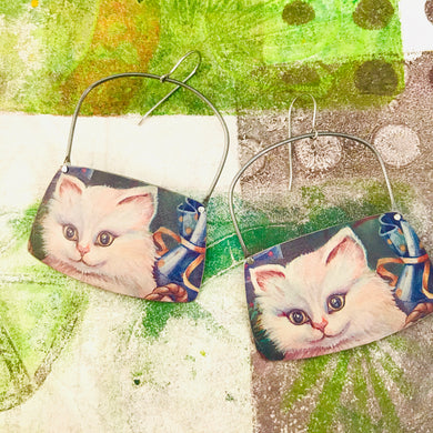 Fluffy White Kitties Rounded Rectangles Zero Waste Tin Earrings