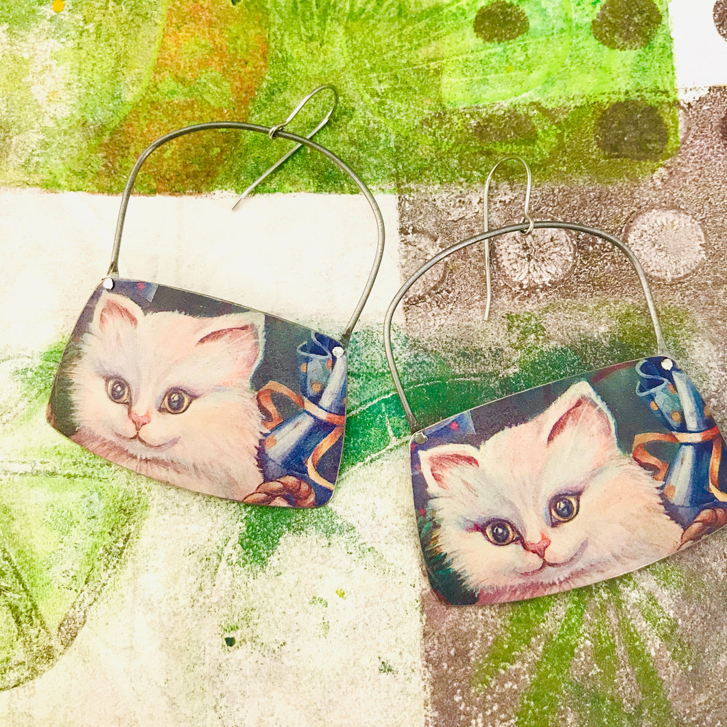 Fluffy White Kitties Rounded Rectangles Zero Waste Tin Earrings