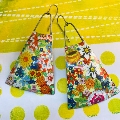 Allover Flowers Upcycled Tin Long Fans Earrings