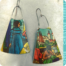 Load image into Gallery viewer, Lady in Blue Upcycled Vintage Tin Earrings 40th Birthday Gift
