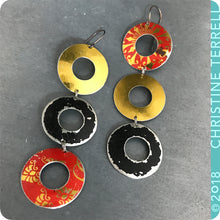 Load image into Gallery viewer, Golden, Scarlet, Black Rings Zero Waste Tin Earrings Ethical Anniersary Gift