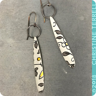 Gold & Gray Flowers on White Teardrops Tin Earrings