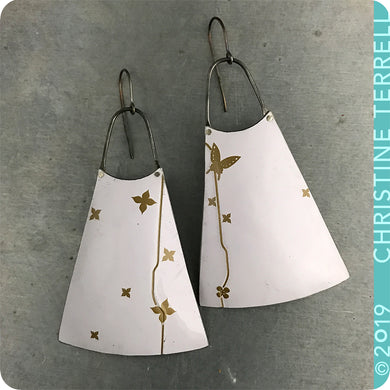 Golden Butterfly and Flowers on Snowy White Upcycled Tin Earrings