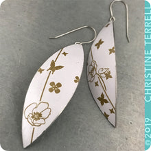 Load image into Gallery viewer, Golden Flowers on Snow White Upcycled Tin Leaf Earrings