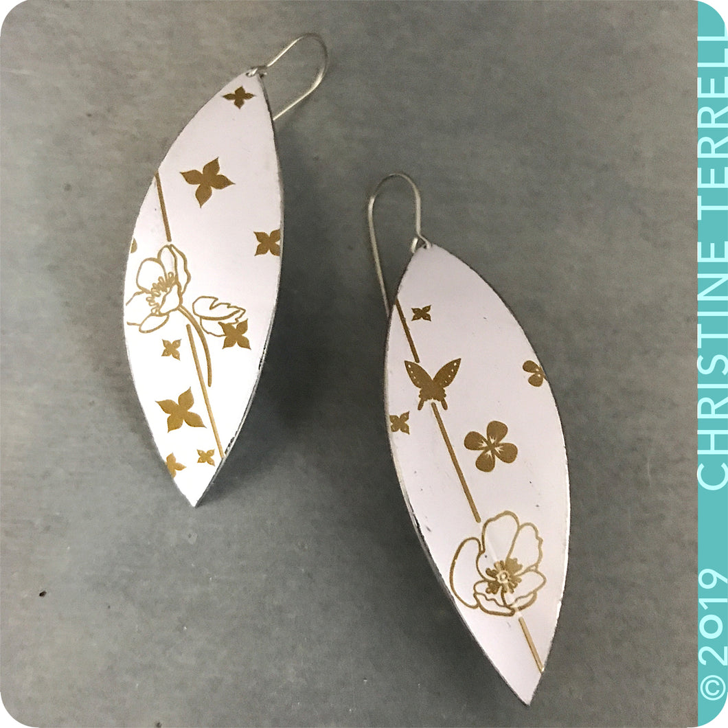 Golden Flowers on Snow White Upcycled Tin Leaf Earrings