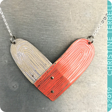 Pink and White Upcycled Tin Heart Necklace by Christine Terrell for adaptive reuse jewelry