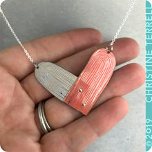 Load image into Gallery viewer, Pink and White Upcycled Tin Heart Necklace by Christine Terrell for adaptive reuse jewelry