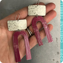 Load image into Gallery viewer, White X&#39;d and Magenta Etched Arch Tin Earrings