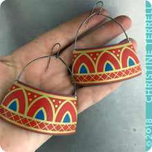 Load image into Gallery viewer, Scarlet Architectural Arch Upcycled Tin Earrings by Christine Terrell for adaptive reuse jewelry