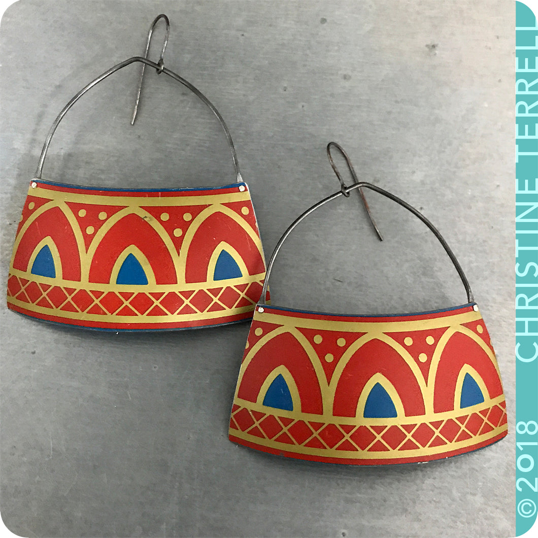 Scarlet Architectural Arch Upcycled Tin Earrings by Christine Terrell for adaptive reuse jewelry