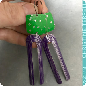 Bright Green & Purple Upcycled Tin Earrings by Christine Terrell for adaptive reuse jewelry