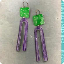 Load image into Gallery viewer, Bright Green &amp; Purple Upcycled Tin Earrings by Christine Terrell for adaptive reuse jewelry